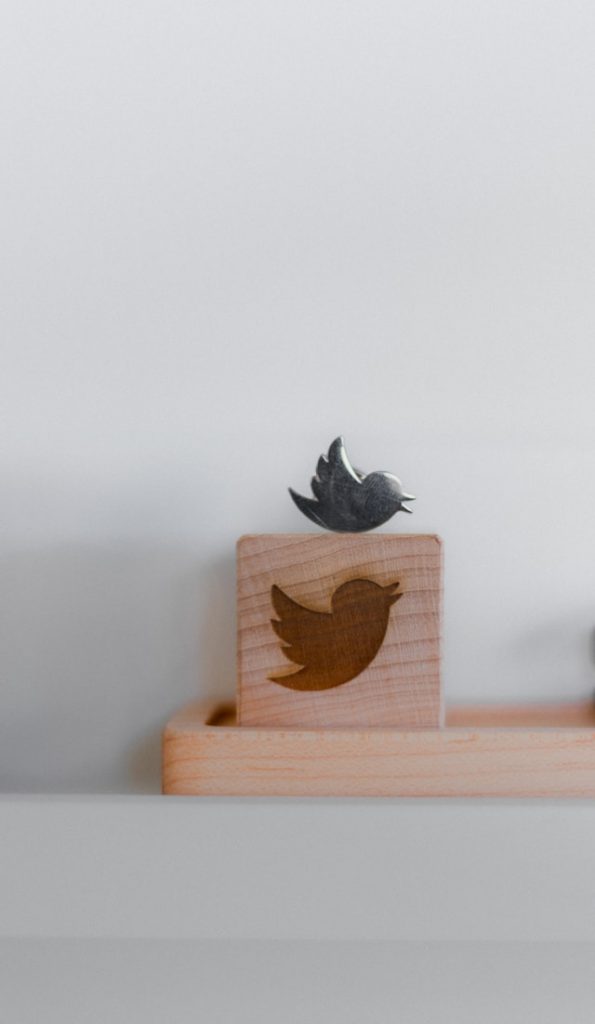 A brown wooden cube with the Twitter logo and a silver bird sitting on top.