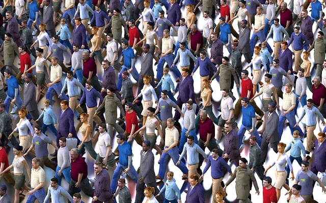 An illustration in which a crowd of followers walk together.