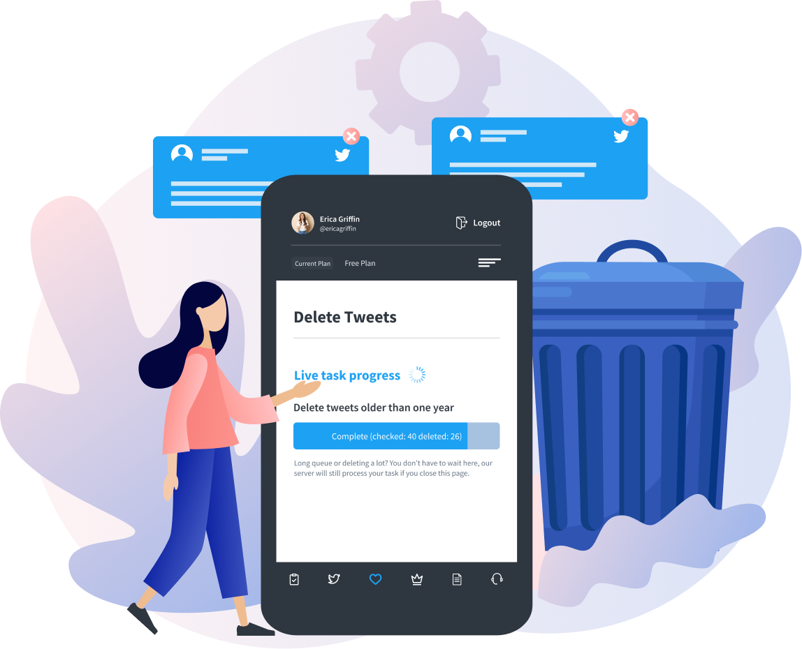 TweetEraser's illustration of a woman using a smartphone as tall as her to delete tweets next to a blue trash can.